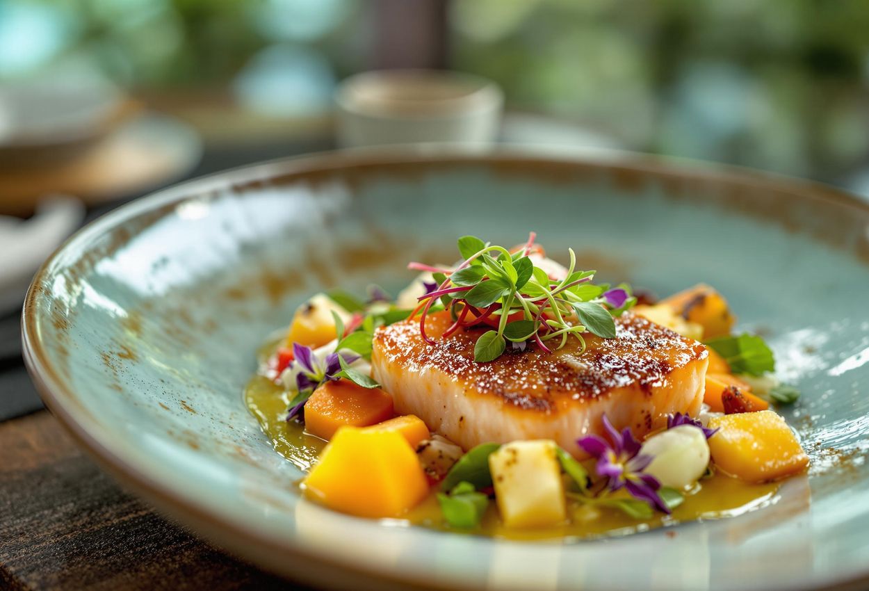 A close-up photograph of a beautifully plated Polynesian dish at Les Mutinés in Bora Bora, showcasing the artistry of Chef Jean Imbert. The image highlights the fresh, local ingredients and sophisticated presentation.