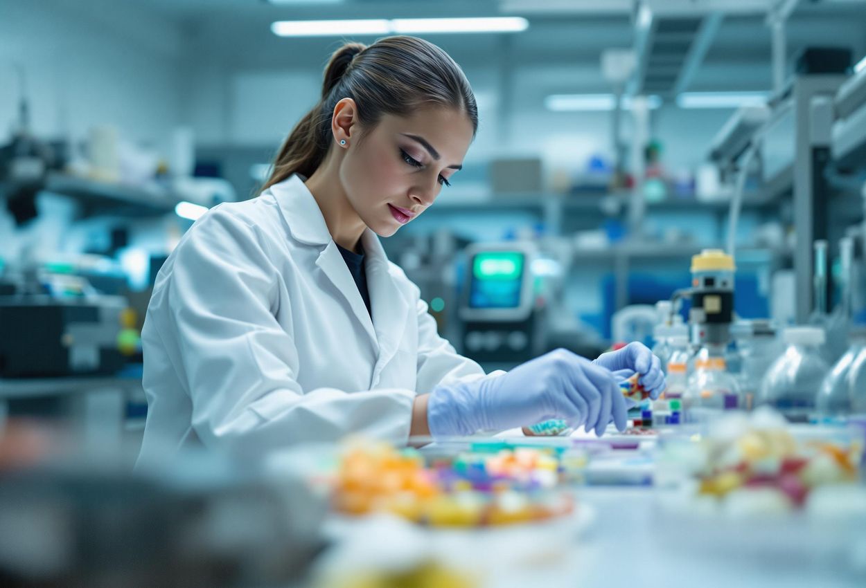 A photograph of a scientist carefully handling coral samples in a clean, modern coral gene bank laboratory, preparing them for cryopreservation.