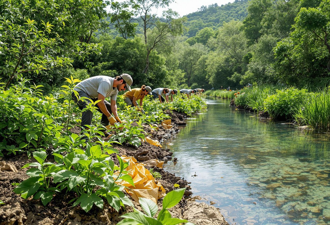 A photograph showcasing a stream restoration project with volunteers planting native vegetation to reduce pollution and protect coral reefs. The image captures the beauty of environmental stewardship and community engagement.