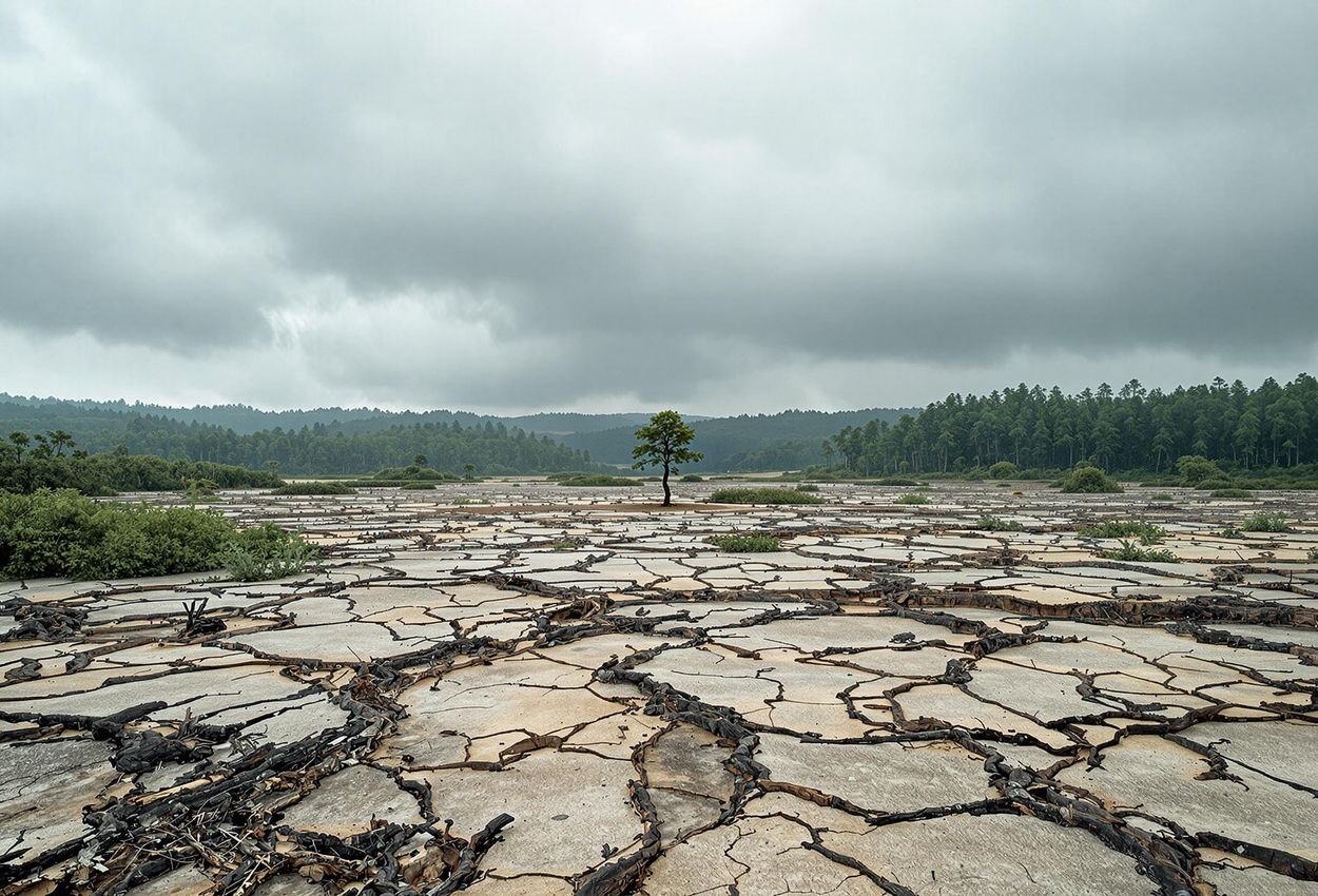 Deforested Landscape: A Stark Reminder of Environmental Impact A wide-angle photograph captures a vast, deforested area under an overcast sky, highlighting the environmental impact of conventional agriculture. A solitary tree stands as a symbol of hope amidst the desolation.