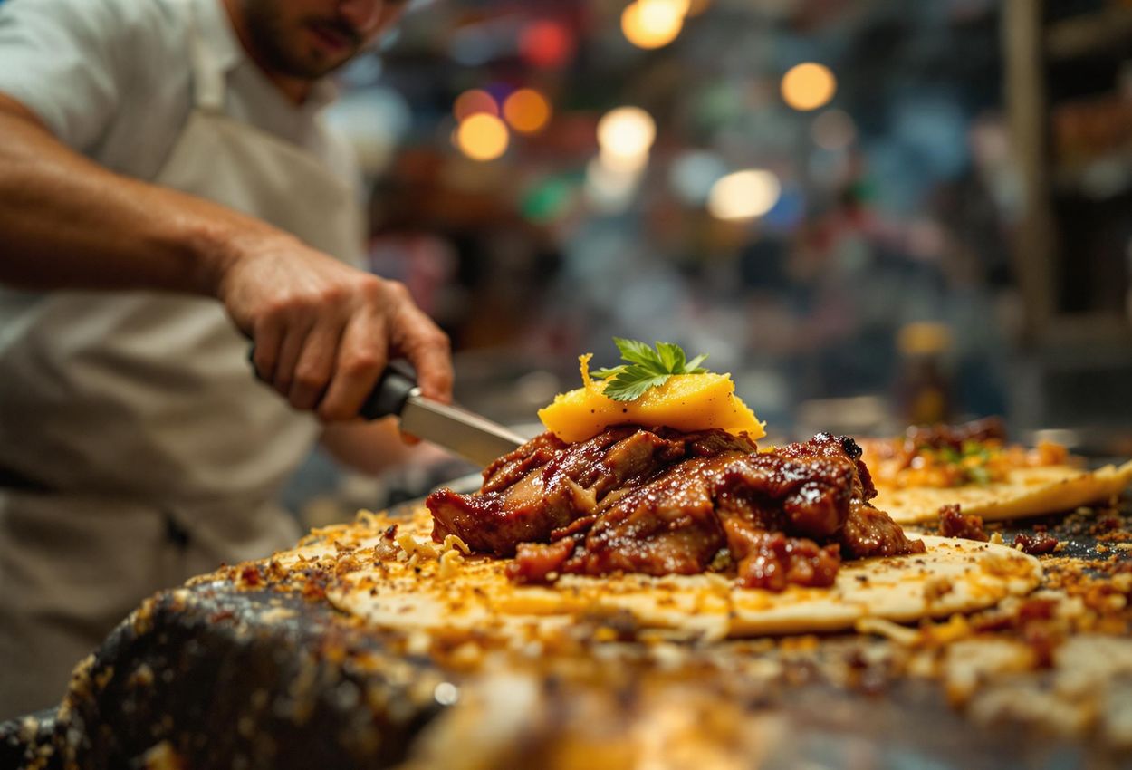A close-up photograph captures the vibrant street food scene in Mexico City, featuring a taquero preparing delicious tacos al pastor with juicy pineapple under the warm glow of the taqueria lights.