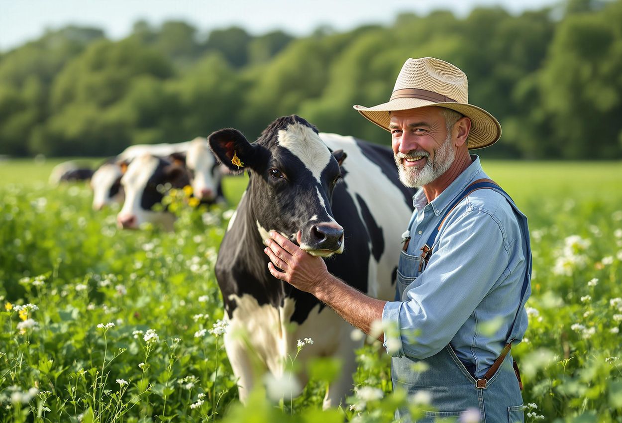Candid Farmer-Cow Interaction in Lush Pasture A heartwarming photograph captures a farmer gently stroking a cow in a vibrant green pasture, illustrating humane animal welfare practices and the positive relationship between farmers and their animals.