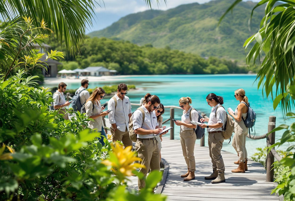 A candid photograph capturing scientists conducting research at the Ecostation on Tetiaroa Atoll, highlighting the collaboration between the resort and the scientific community in environmental conservation.