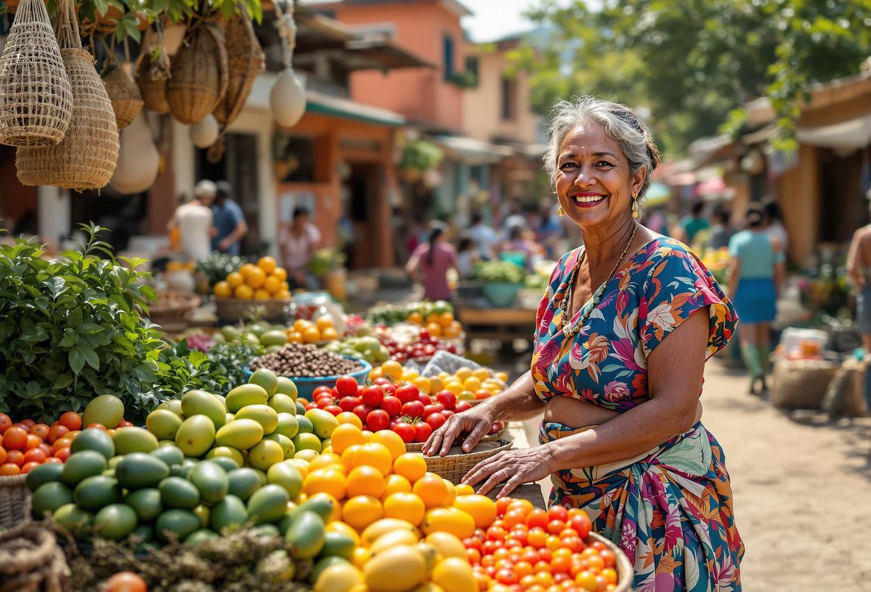 Vibrant Fair Trade Market Scene in Developing Country An eye-level photograph capturing the lively atmosphere of a fair trade market, featuring a proud farmer selling colorful produce amidst a bustling crowd.