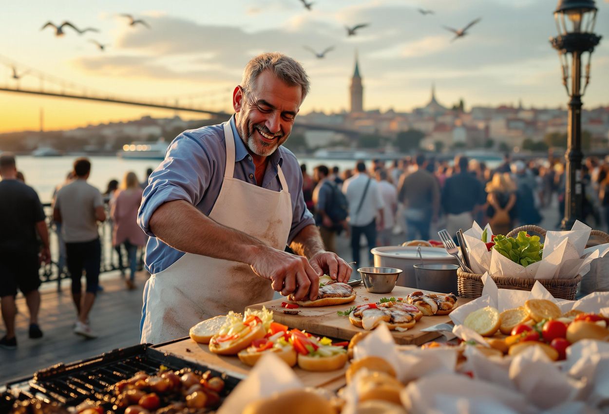 A street vendor expertly prepares Balik Ekmek on the Galata Bridge in Istanbul at sunset. The image captures the vibrant atmosphere and delicious flavors of Istanbul