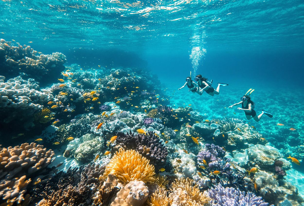 A stunning underwater photograph capturing guests snorkeling amidst the vibrant coral reefs of Tetiaroa, French Polynesia. The image showcases the breathtaking beauty and diverse marine life of this pristine atoll.