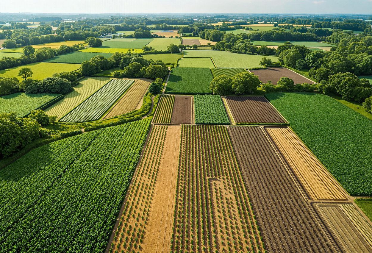 Aerial View of Regenerative Farm, Sustainable Agriculture An aerial photograph of a regenerative farm showcasing diverse crops, healthy soil, and a thriving ecosystem, illustrating sustainable agriculture practices.