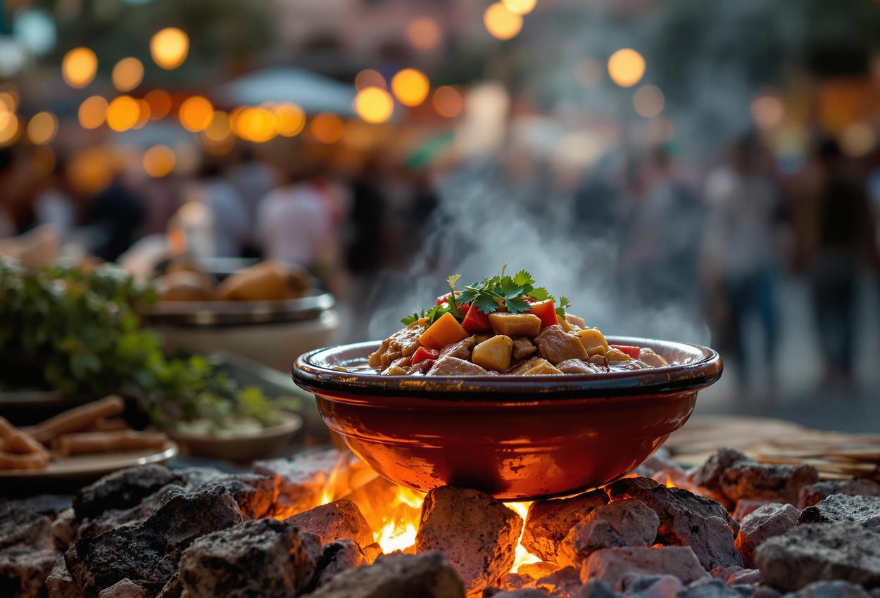 A close-up photograph capturing the essence of Moroccan cuisine: a tagine slowly simmering over hot coals in the vibrant Djemaa el-Fna square in Marrakech. The aroma of spices fills the air in this evocative evening scene.