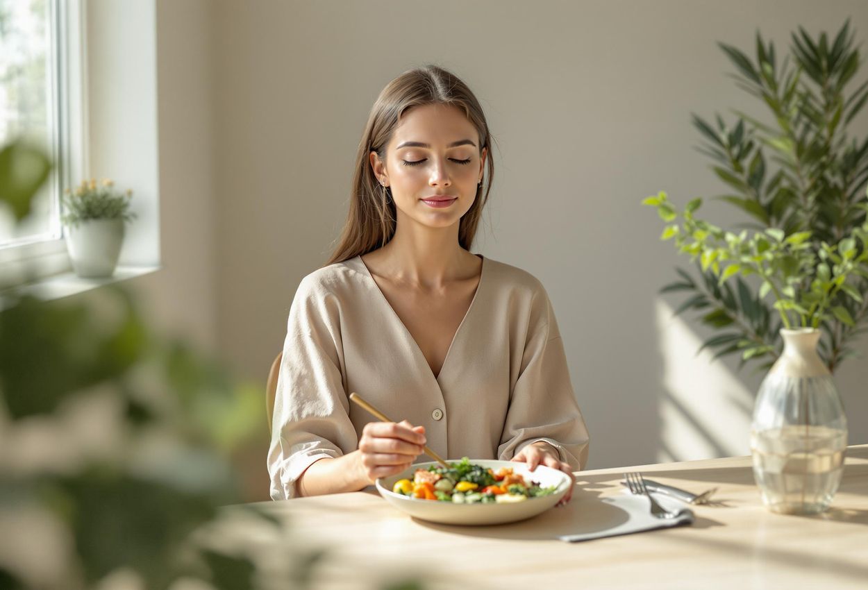 A photograph of a woman seated at a table in a minimalist room, practicing mindful eating with a plate of healthy food in front of her. Soft, natural light fills the serene scene.