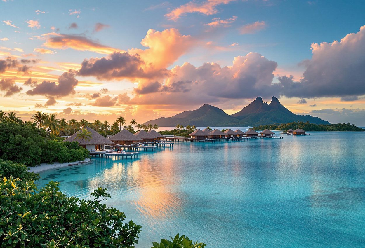 Experience the serene beauty of The Brando resort in Tetiaroa at sunset. A panoramic view showcasing luxurious villas, tranquil lagoon, and breathtaking natural landscape.