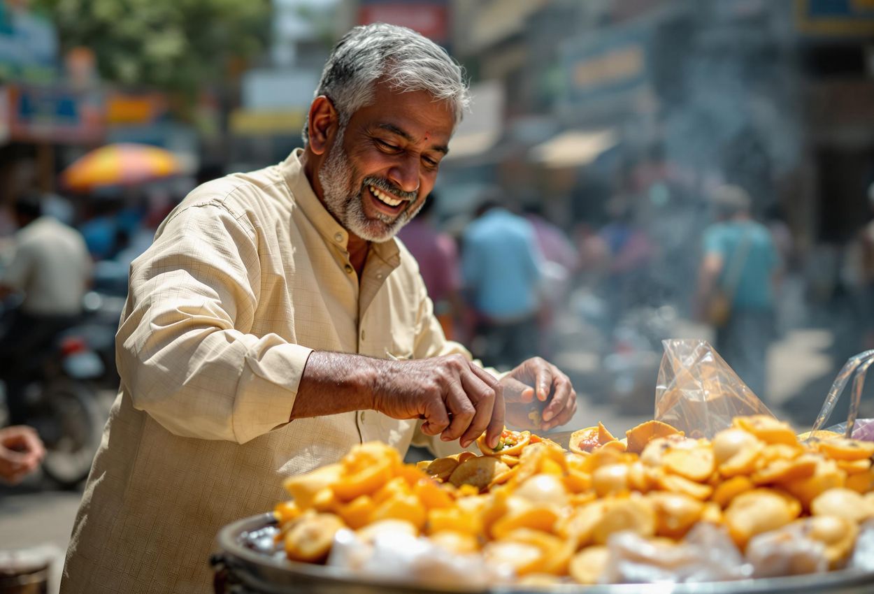 A candid photograph of a Pani Puri vendor in Mumbai, India, preparing his delicious street food. The image captures the vibrant colors, textures, and energy of the Mumbai street food scene.