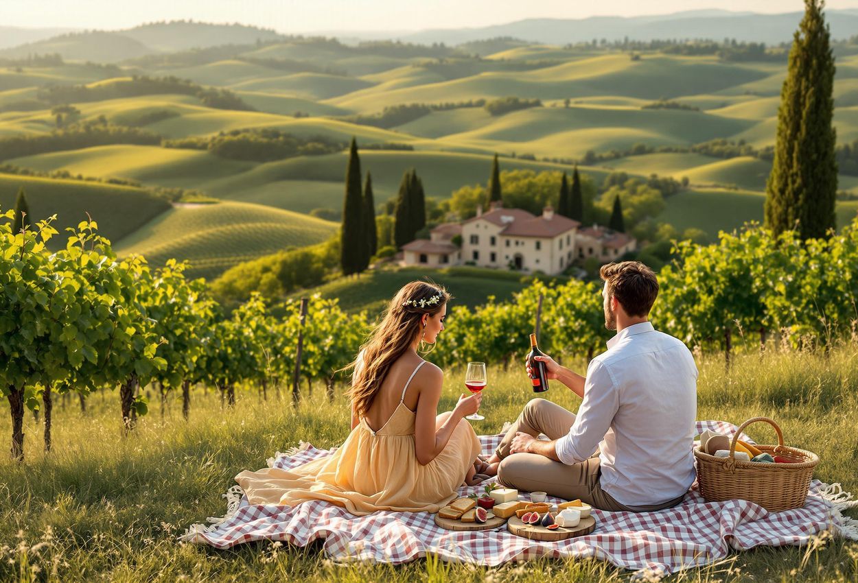 A serene landscape photograph capturing a couple enjoying a picnic amidst rolling vineyards and cypress trees in the Tuscan countryside during the warm, golden light of late afternoon.
