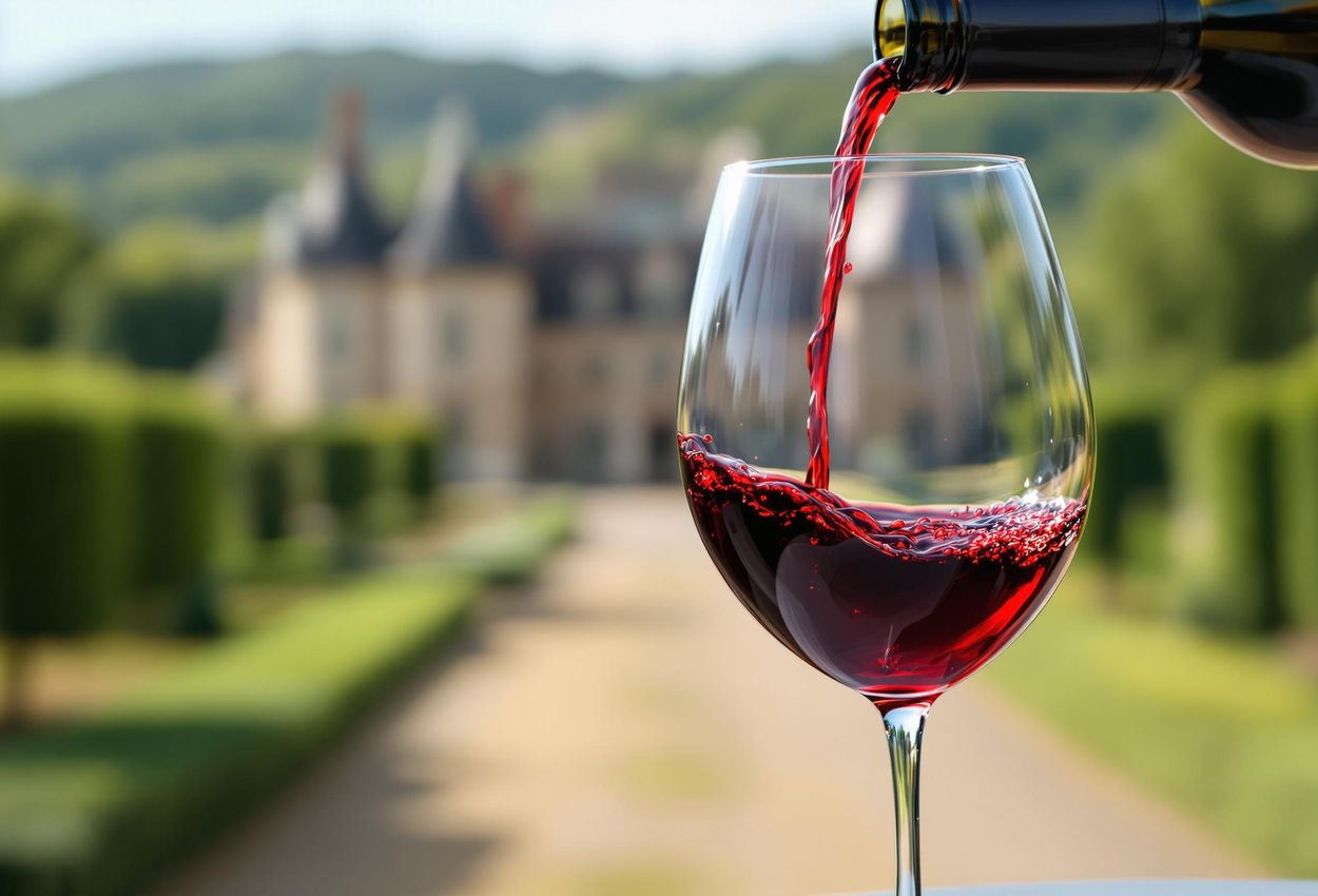 A close-up photograph captures a glass of deep red Bordeaux wine being poured, set against the backdrop of the grand Chateau Margaux in France.