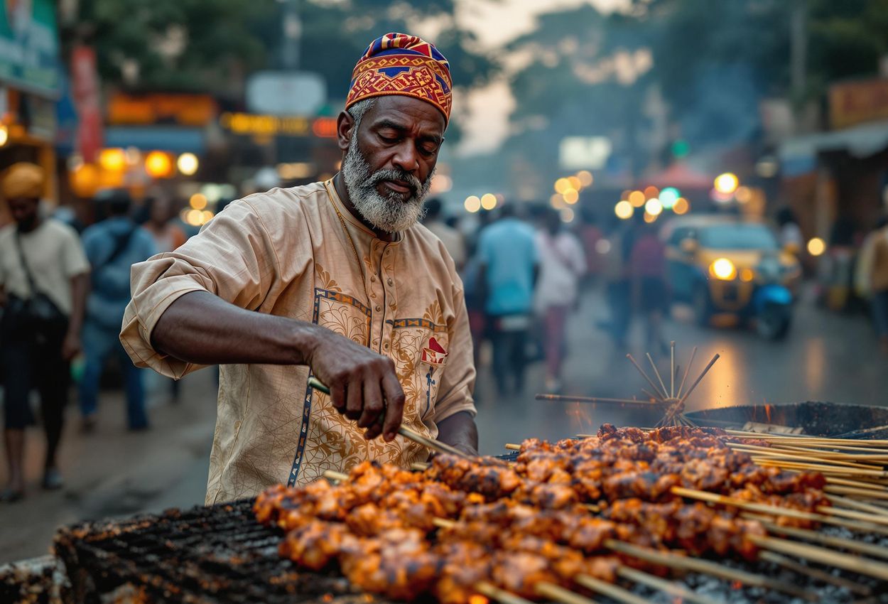 A captivating photograph capturing a Suya vendor grilling meat skewers on a vibrant Lagos street, showcasing the essence of Nigerian street food culture.