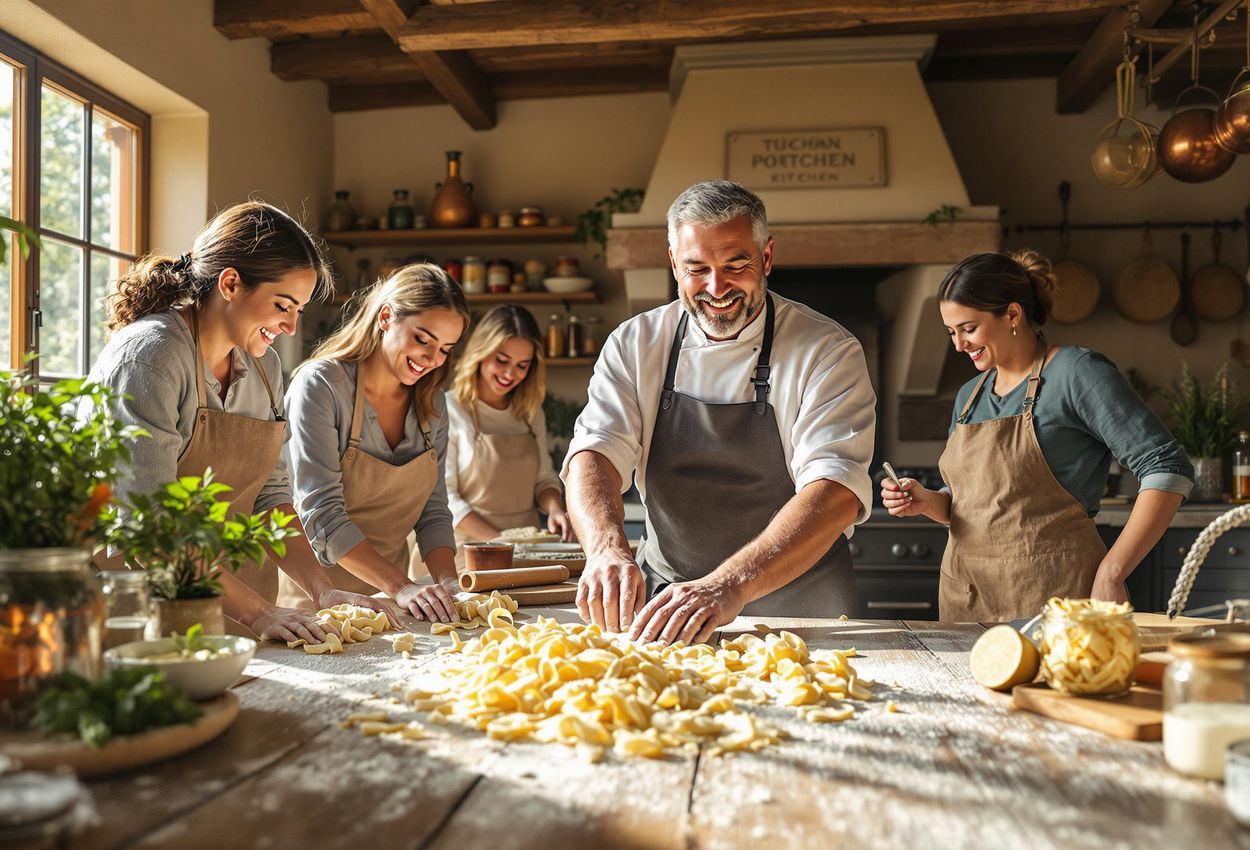 Tuscan Kitchen Pasta Making Class: Authentic Italian Experience A group of people learning to make pasta in a rustic Tuscan kitchen, bathed in soft sunlight. The image captures the warmth and authenticity of Italian culinary traditions.