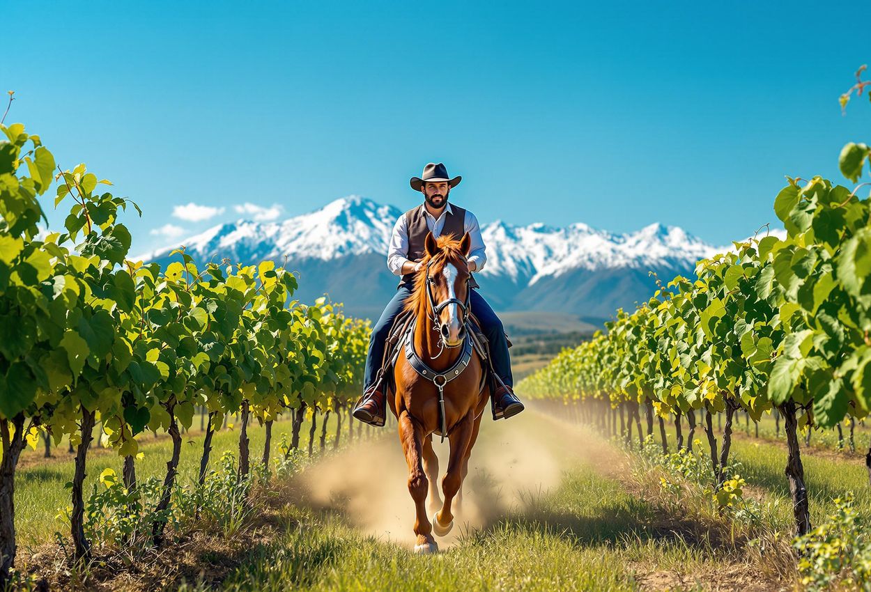 A landscape photograph captures a gaucho riding a horse through a lush vineyard in Mendoza, Argentina, with the snow-capped Andes Mountains in the background.