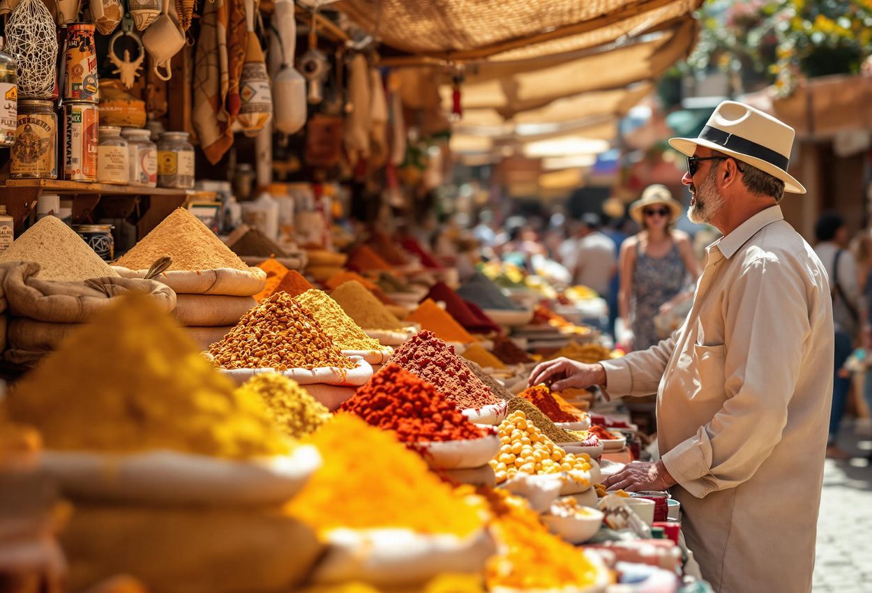 Vibrant Spice Souk in Marrakech, Morocco - A Sensory Delight A photograph captures a bustling spice souk in Marrakech, Morocco, filled with colorful spices, a friendly vendor, and interacting customers, showcasing the essence of Moroccan culture and cuisine.