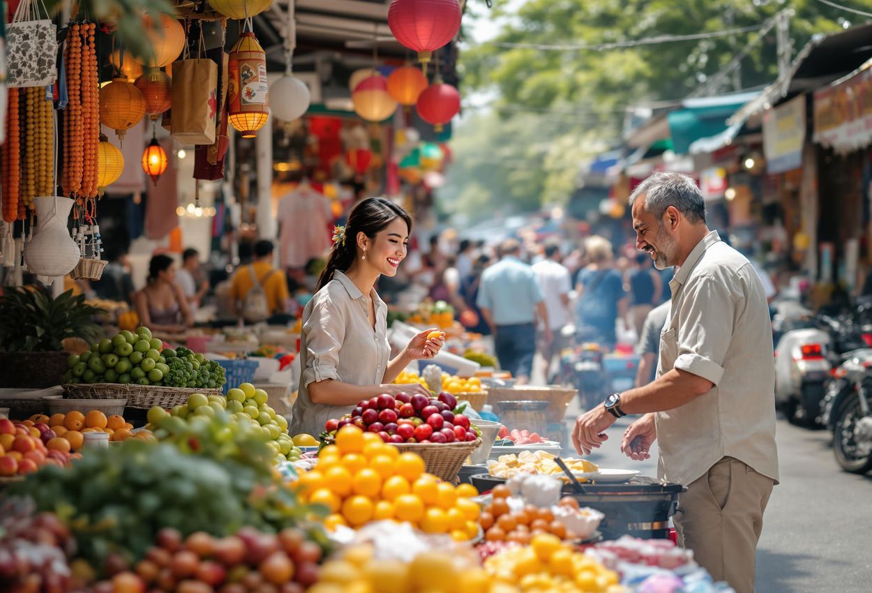 A vibrant photograph capturing the energy and chaos of Chatuchak Weekend Market in Bangkok, Thailand. The market is filled with people browsing colorful food stalls, clothing shops, and decorations, offering a sensory overload of sights, sounds, and smells.