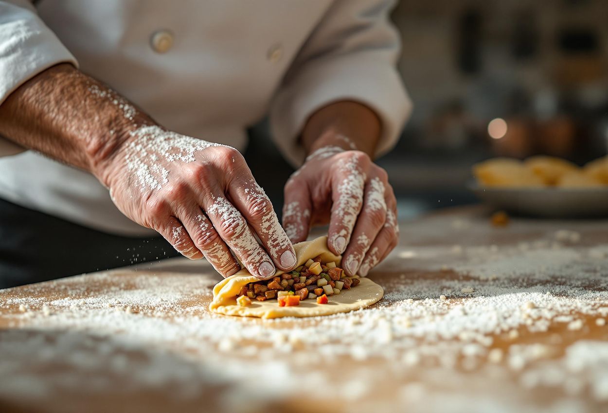 Empanada Preparation in Buenos Aires: A Culinary Tradition A close-up photograph captures the meticulous preparation of empanadas in a Buenos Aires kitchen, showcasing the rich culinary heritage of Argentina.