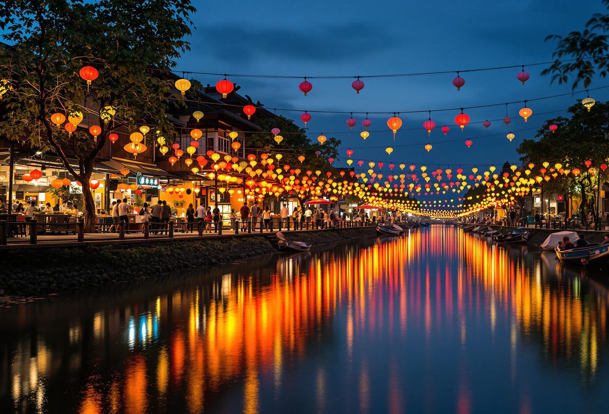 A long exposure photograph captures the magical Hoi An Night Market in Vietnam at dusk. Colorful lanterns reflect in the Thu Bon River, creating a peaceful and enchanting scene.
