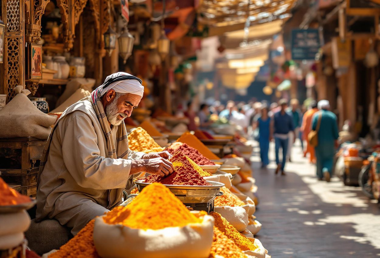 A photograph capturing the colorful and aromatic spice market in Marrakech, Morocco, with pyramids of spices, warm sunlight, and blurred figures of merchants and shoppers.