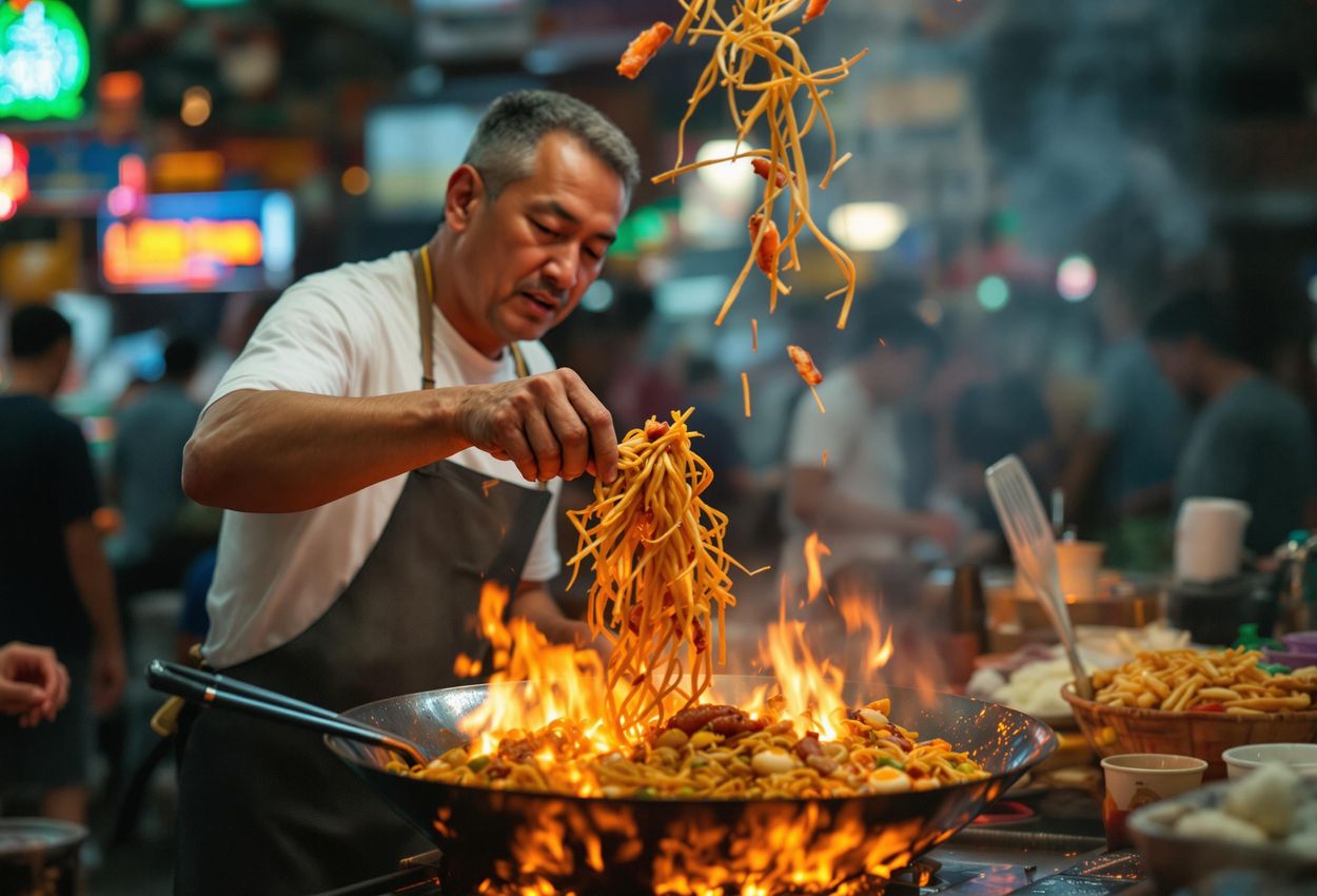 A captivating photograph capturing a street food vendor skillfully preparing Char Kway Teow on Jalan Alor in Kuala Lumpur, showcasing the vibrant energy and culinary artistry of Malaysian street food.