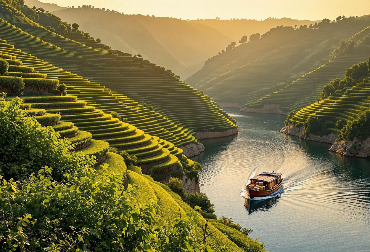A stunning photograph capturing the beauty of the Douro Valley in Portugal, featuring terraced vineyards and a traditional rabelo boat sailing on the Douro River during the golden hour.