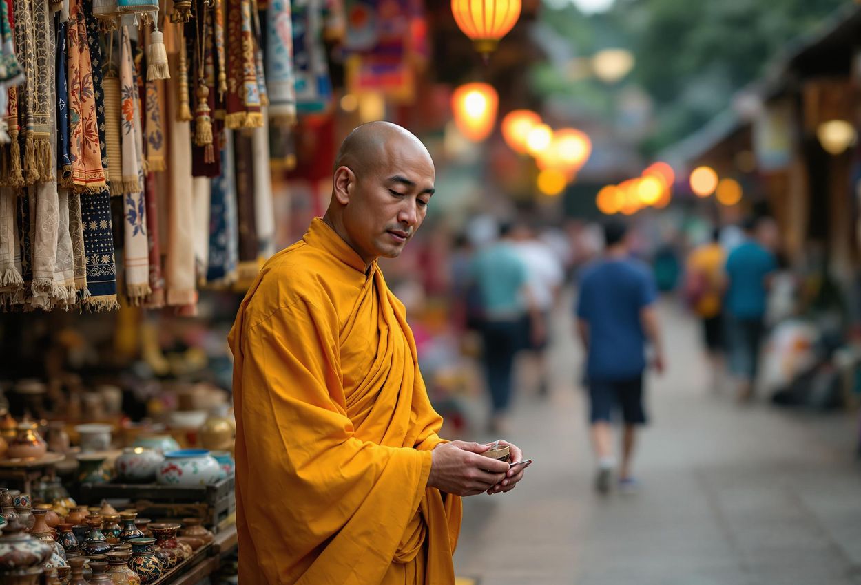A candid photograph of a monk in saffron robes browsing handicrafts at the lantern-lit Luang Prabang Night Market in Laos.