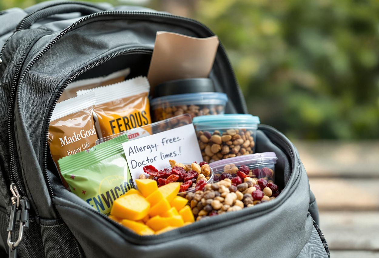 Allergy-Safe Snacks for Travel: A Healthy and Prepared Choice A close-up photograph of a backpack filled with neatly organized, allergy-safe snacks, including protein bars, nuts, dried fruits, and a refillable water bottle, accompanied by a doctor