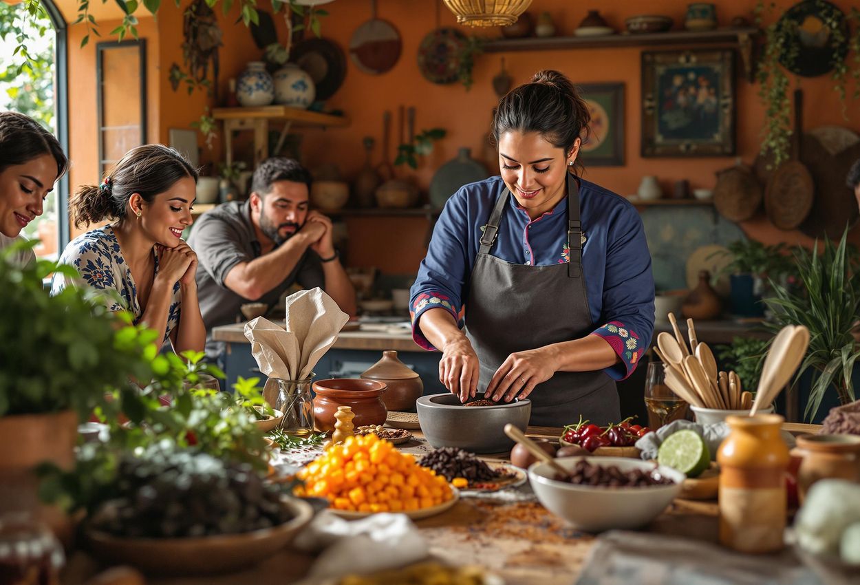 Authentic Oaxacan Cooking Class in Oaxaca, Mexico A photograph capturing a vibrant Oaxacan kitchen scene, where a group of people are learning to make mole from a local chef. The image showcases the rich colors, textures, and traditions of Oaxacan cuisine.
