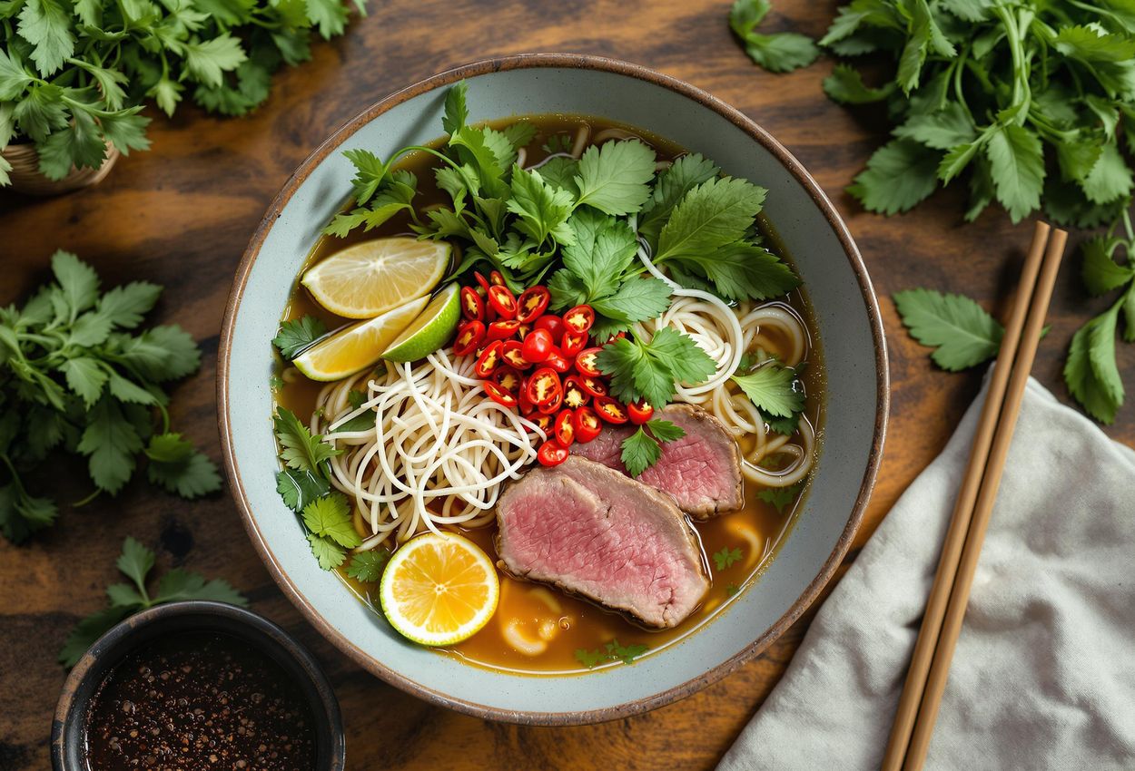 Overhead shot of a flavorful Vietnamese pho bowl with colorful ingredients on a rustic wooden table in Hanoi. The image captures the essence of Vietnamese cuisine with soft, diffused lighting.
