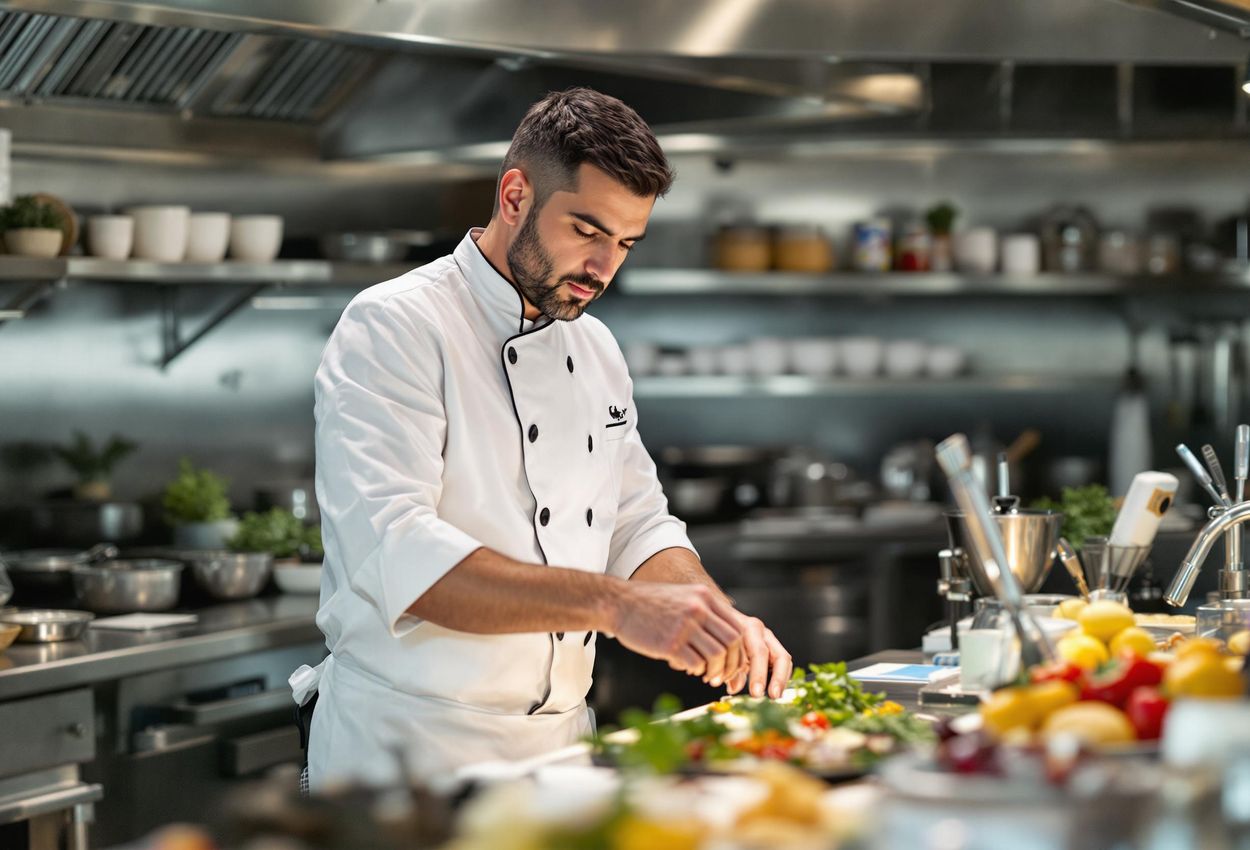 Chef Prepares Allergen-Free Meal in Luxury Restaurant Kitchen A professional chef meticulously prepares a meal in a pristine, high-end restaurant kitchen, ensuring it meets specific dietary requirements.