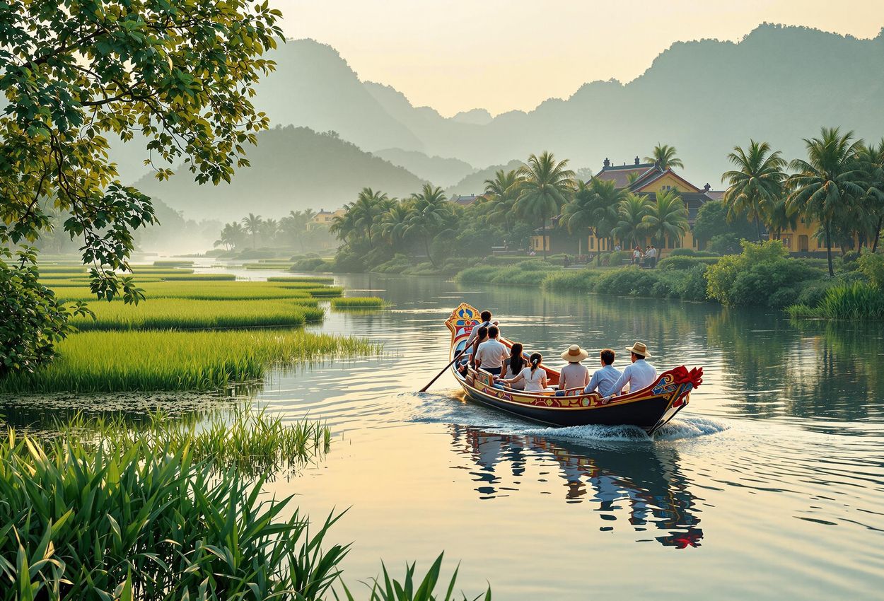 Scenic Boat Ride on Thu Bon River, Hoi An - A Vietnamese Morning A captivating photograph of a boat gliding on the Thu Bon River in Hoi An, Vietnam, surrounded by lush landscapes and the ancient town. The image captures the beauty and tranquility of the Vietnamese countryside in soft morning light.