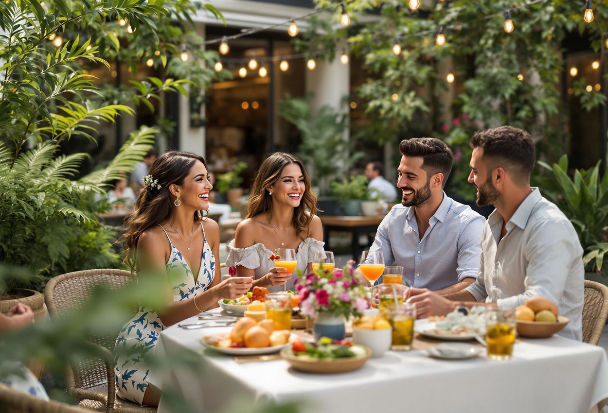 A group of friends share laughter and a delicious meal in the inviting outdoor seating area of a modern restaurant.