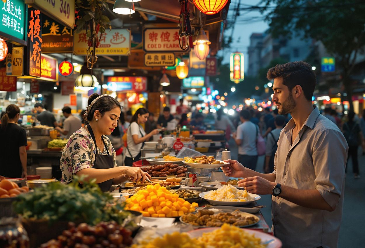 A photograph capturing the bustling street food scene in Bangkok