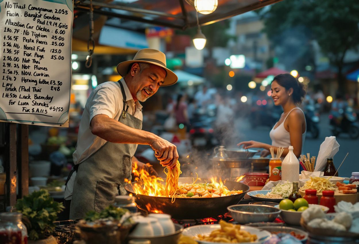 Vibrant Bangkok Street Food Scene: Pad Thai Vendor in Action A captivating photograph capturing the energy of a Bangkok street food stall, featuring a skilled vendor preparing Pad Thai for an eager customer amidst the bustling city life.