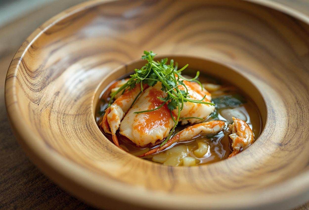 Exquisite Scandinavian King Crab Dish at Noma, Copenhagen A close-up photograph of a beautifully plated Scandinavian king crab dish at Noma restaurant in Copenhagen, showcasing culinary artistry and exquisite detail.