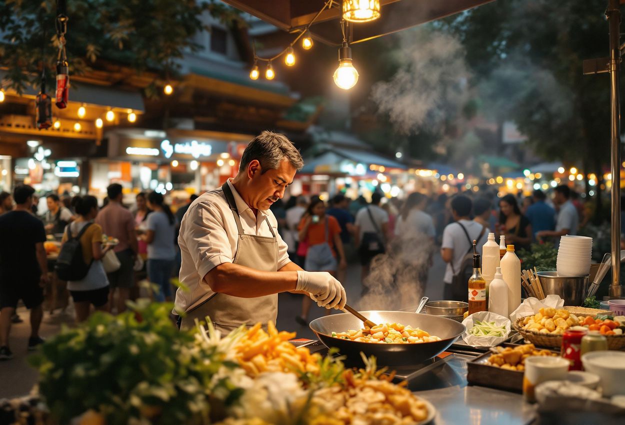 A vibrant photograph capturing the energy of a street food market in Chiang Mai, Thailand. A food vendor is preparing a meal on his stall, surrounded by people enjoying the lively atmosphere.