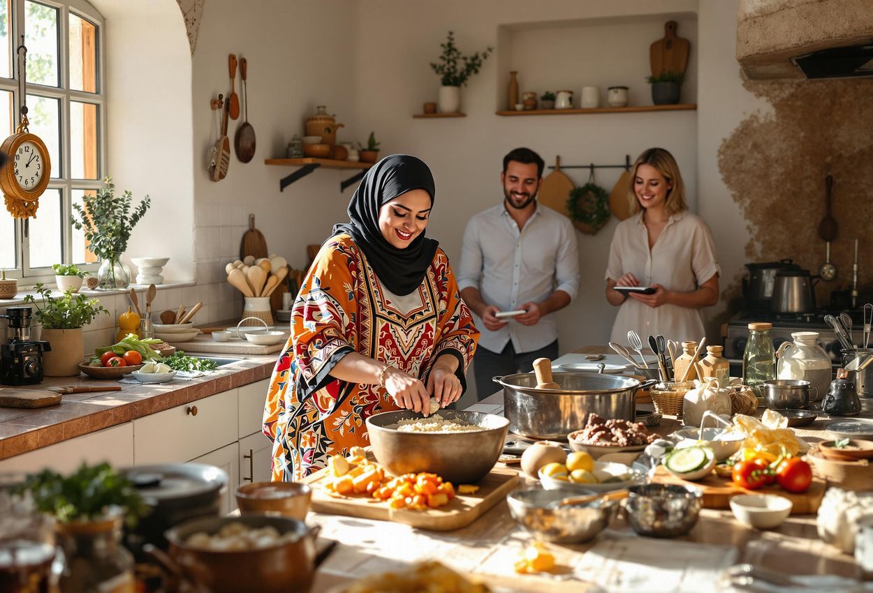 A photograph capturing a group of women preparing authentic Jordanian cuisine in a rustic kitchen setting, showcasing local ingredients and traditional cooking methods.