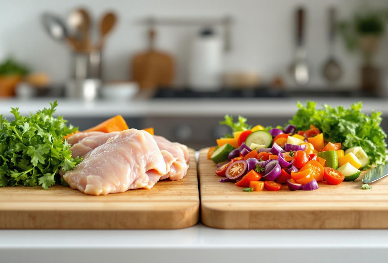 A detailed photograph illustrating the importance of using separate cutting boards for raw chicken and vegetables to prevent cross-contamination, emphasizing food safety and hygiene.