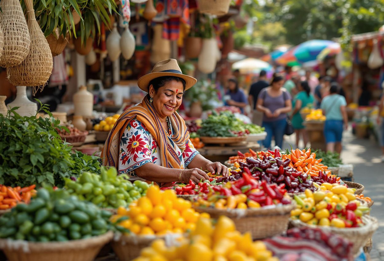 A photograph capturing the energy and cultural richness of a bustling Oaxacan market, showcasing the vibrant colors of produce, the textures of woven baskets, and the faces of local vendors and shoppers.