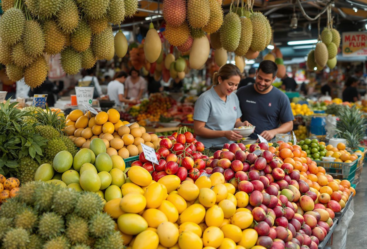 A detailed photograph showcases a colorful display of mangoes, durians, and rambutans at Bangkok