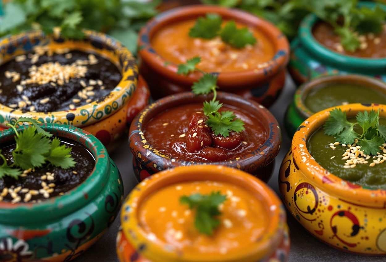 A detailed studio photograph showcasing the vibrant colors and textures of seven traditional Oaxacan moles, each served in a unique clay pot.