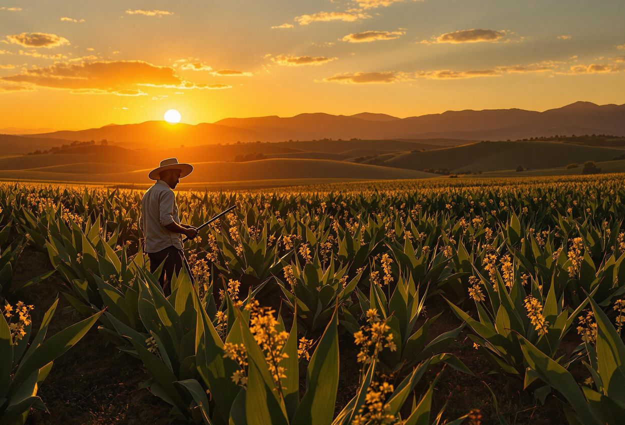 A captivating photograph of agave fields in Oaxaca, Mexico, at sunset, featuring a jimador harvesting agave plants. The image showcases the beauty of the Oaxacan landscape and the tradition of mezcal production.