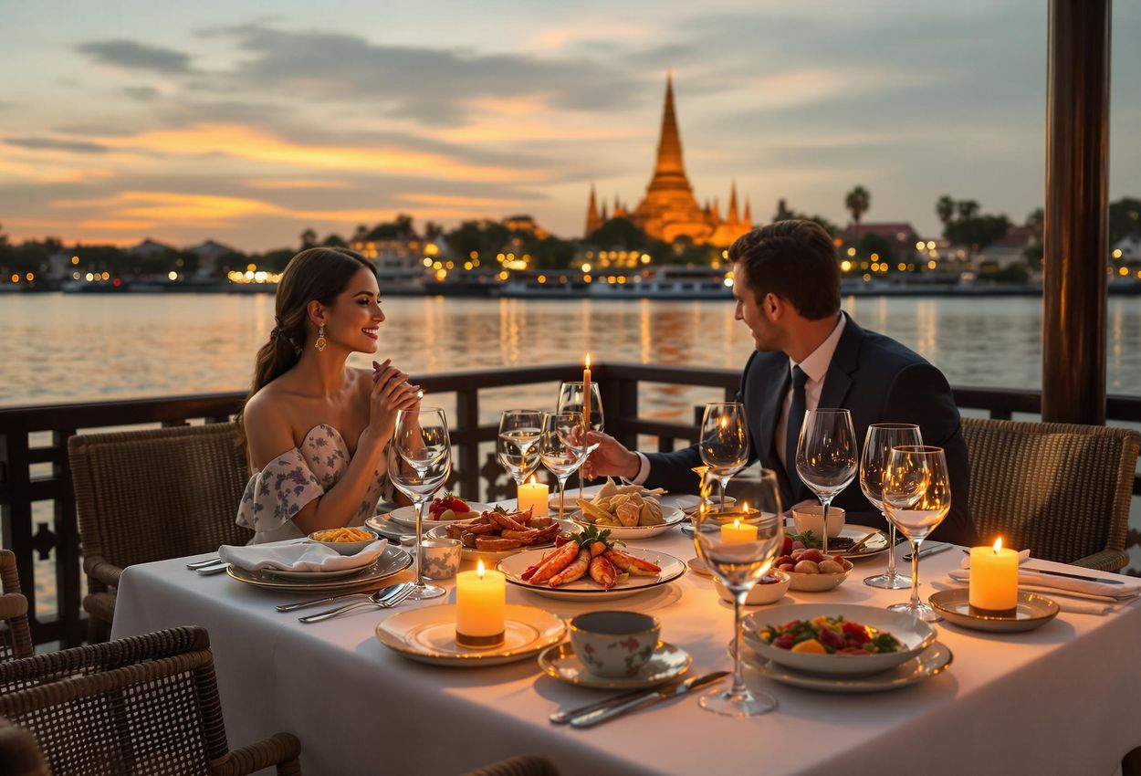 A serene photograph capturing a luxurious dining experience on the Chao Phraya River in Bangkok, featuring a stunning view of the Temple of Dawn at sunset.