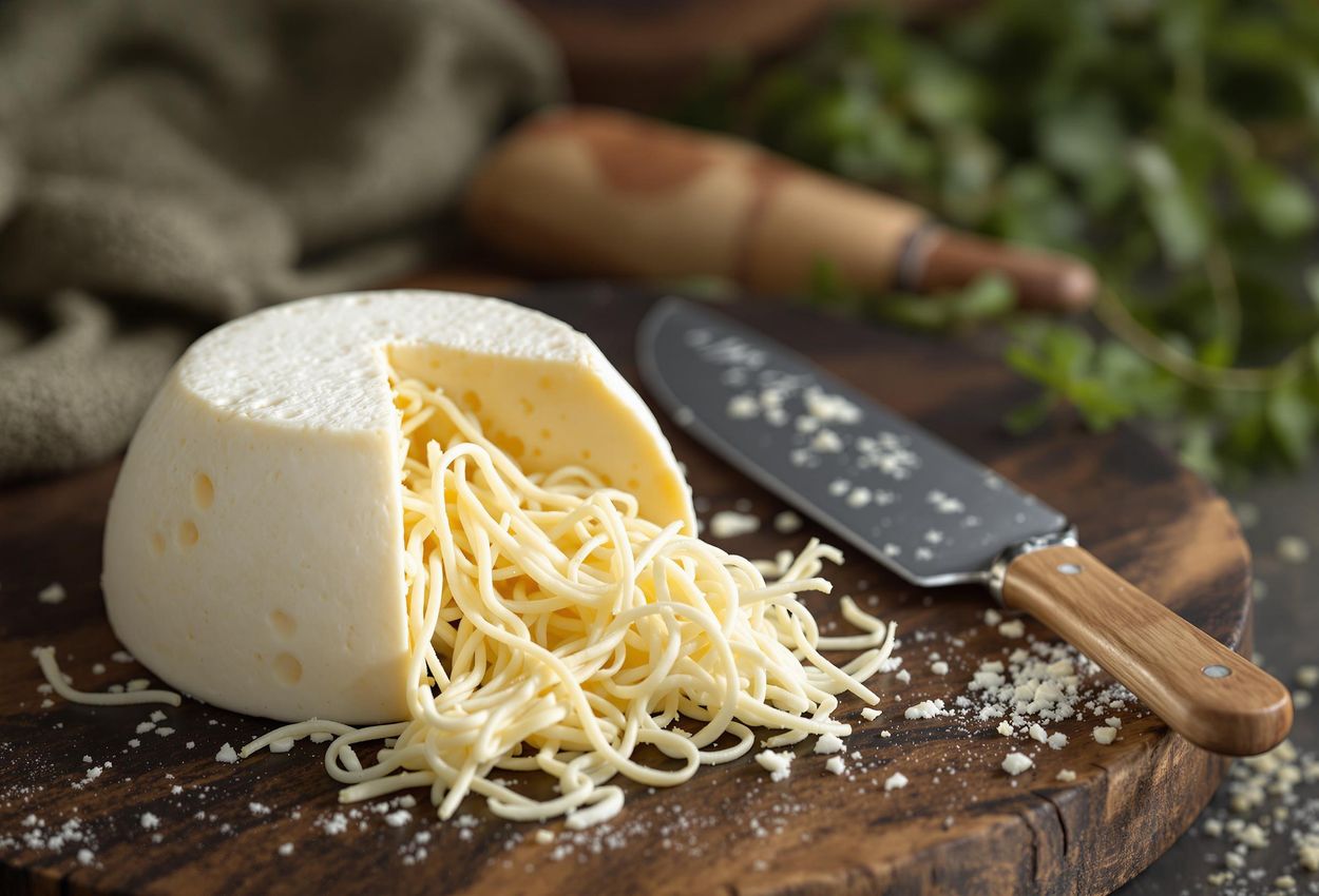 A detailed photograph of a ball of Oaxaca cheese, showcasing its unique stringy texture on a rustic wooden board with a paring knife.