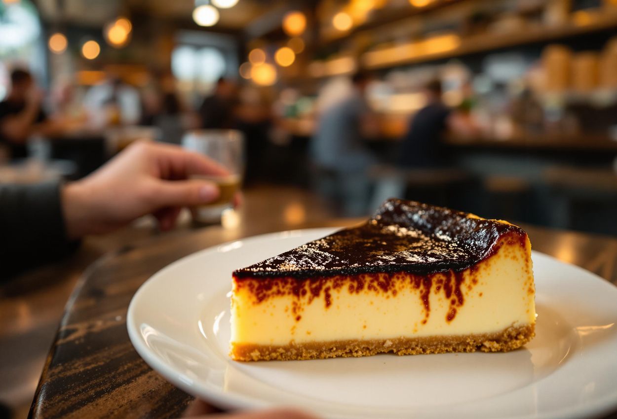 A close-up photo of the famous burnt Basque cheesecake at La Viña pintxos bar in San Sebastian