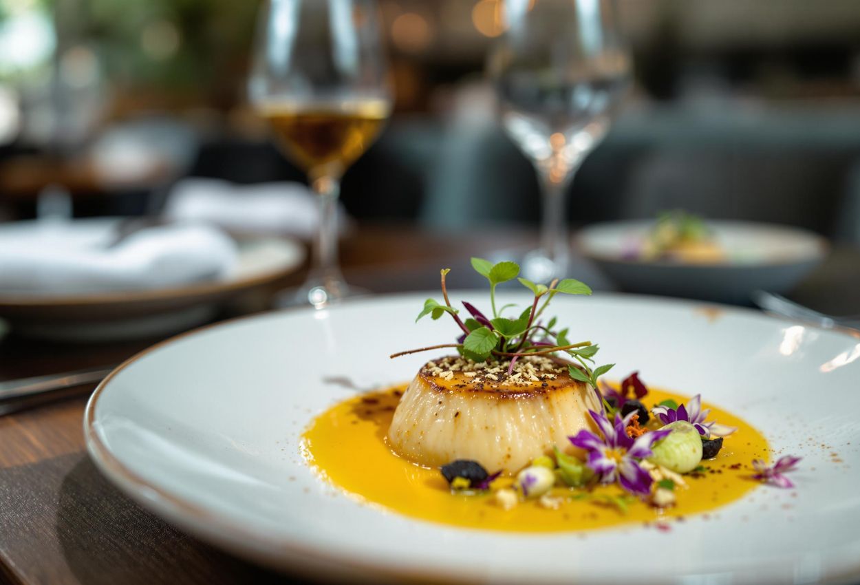 A close-up photograph of an exquisitely plated Michelin-starred dish in Lyon, showcasing a modern interpretation of Lyonnaise cuisine with vibrant colors and intricate details.