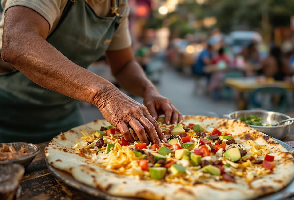 A photograph capturing a street vendor in Oaxaca, Mexico, preparing a traditional tlayuda. The image showcases the vibrant colors, textures, and energy of Oaxacan street food.