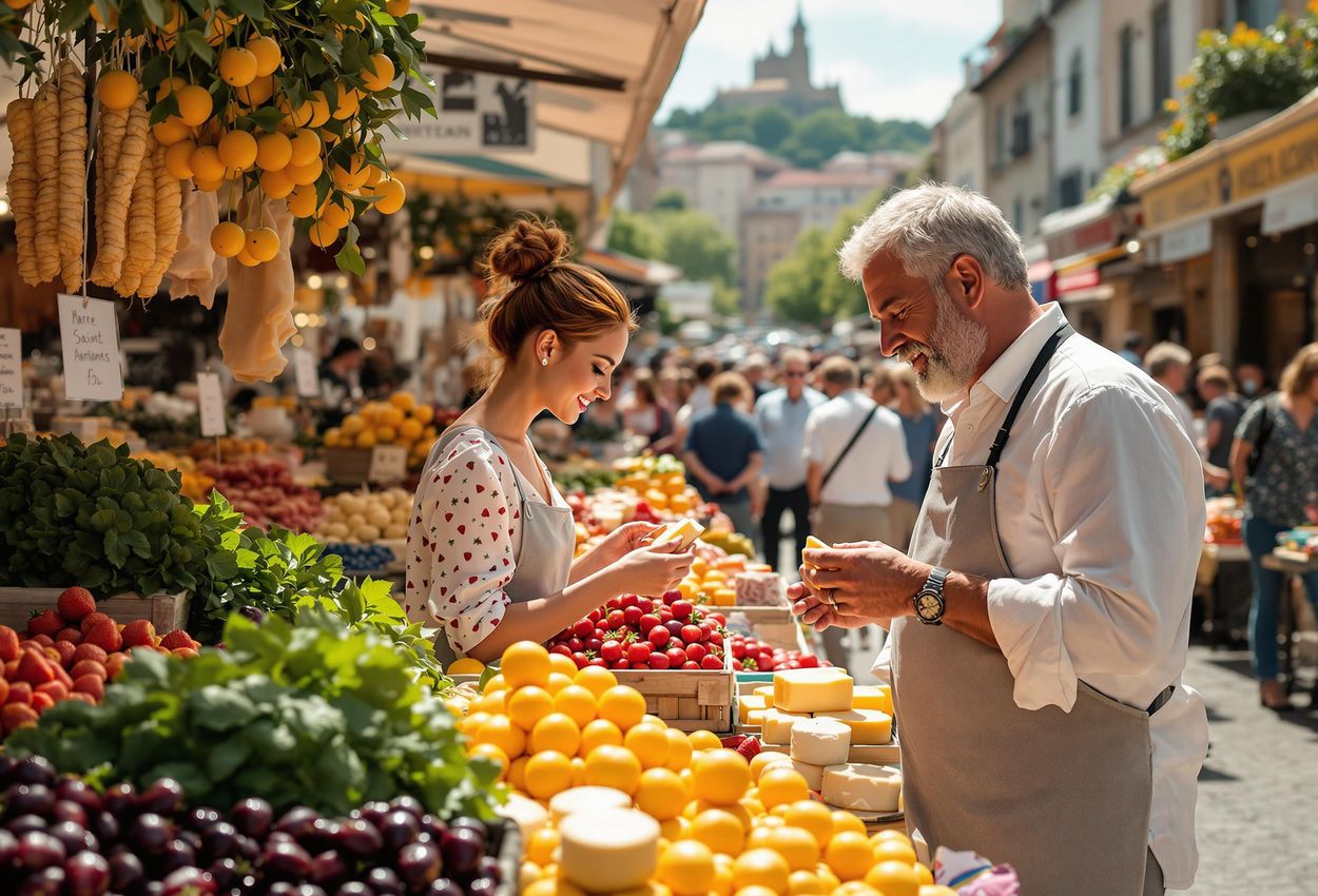 A vibrant photograph capturing the lively atmosphere of Marché Saint-Antoine in Lyon, France, filled with colorful produce, artisan cheeses, and local vendors.